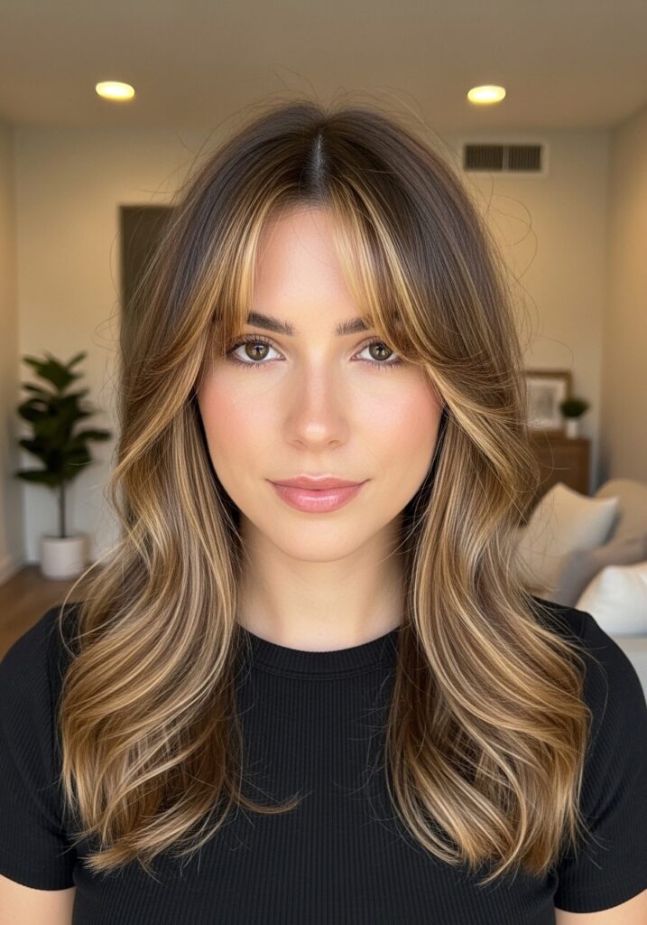 Caramel Highlights with Curtain Bangs